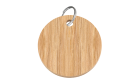 Médaille chat ronde en bois avec finition lisse non toxique, anneau argenté et personnalisable avec nom et détails du chat.