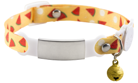 Collier pour chat avec fermoir de sécurité jaune réglable, clochette dorée, boucle blanche, plaque argentée à graver nom.