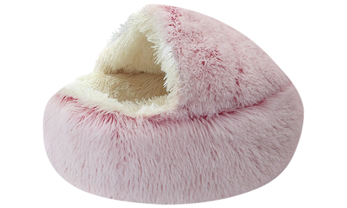 Panier pour animal en forme de chausson rose moelleux avec intérieur crème doux, conçu pour chaleur, confort et style élégant.