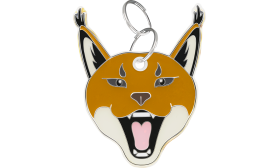 Médaille chat Caracal Pumba gravée en forme de tête de félin avec détails ludiques, en alliage de zinc pour nom de chat.