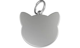 Médaille chat argentée en forme de chat, aluminium avec anneau fendu, dos lisse à graver et personnaliser au nom du chat