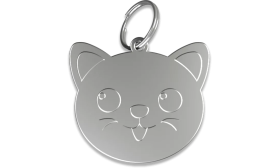 Médaille chat argentée en aluminium en forme de chat avec anneau brisé, personnalisable et gravable avec le nom de votre félin.