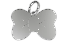 Médaille chat argentée en forme de nœud papillon en aluminium avec anneau brisé, personnalisable et gravable au nom du chat.