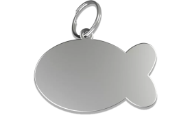Médaille chat argentée en forme de poisson, en aluminium avec anneau brisé, personnalisable et gravable avec le nom du chat.