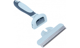 Peigne de toilettage anti-mue pour chat gris et bleu avec lame inox détachable, poignée ergonomique et facile à nettoyer.